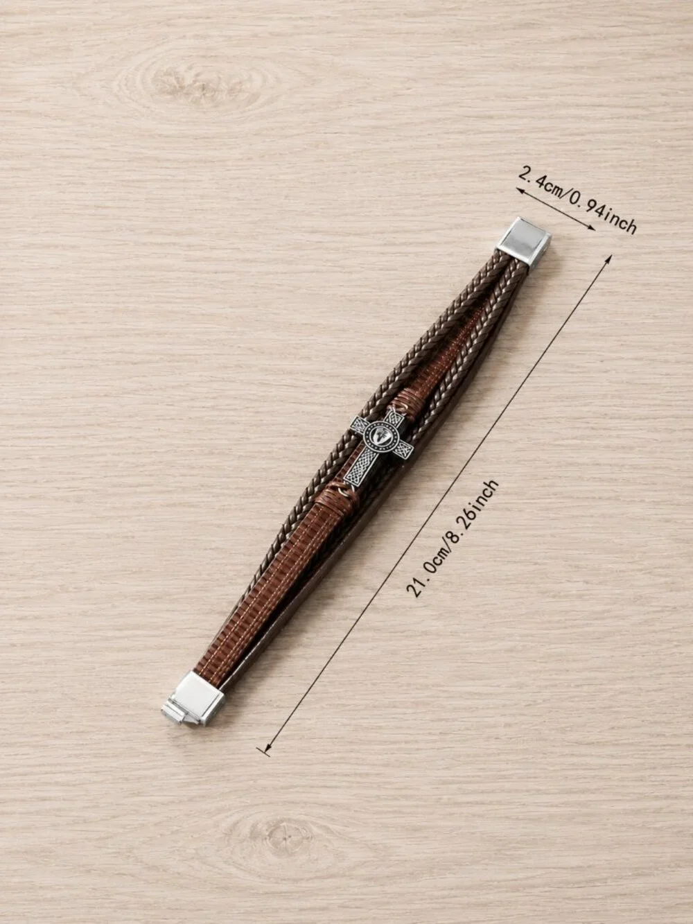 Brown Braided Leather Cross Bracelet Celtic Stainless Steel Magnetic Unisex